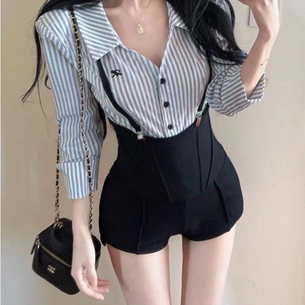 Elegant Black High-Waisted Women Shorts with Suspenders